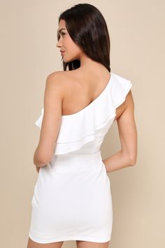 Looking absolutely captivating is easy to when you have look like the Lulus Enticing Behavior White Ruffled One-Shoulder Mini Dress! Stretchy crepe knit shapes this eye-catching dress that features a princess-seamed bodice and a one-shoulder neckline adorned with a ruffled, flounce trim (and hidden no-slip strips). The fitted waist tops a figure-flaunting bodycon skirt that finishes at a mini hem. Hidden side zipper/clasp. Fit: This garment fits true to size. Length: Mid-thigh. Size medium measu Ruffled Mini Dress, Bodycon Skirt, Adhesive Bra, Ruffle Mini Dress, Body Con Skirt, Strapless Bra, Side Zipper, Bodice, One Shoulder