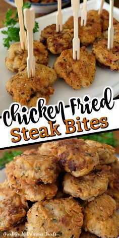 chicken - fried steak bites with toothpicks on skewers are the perfect appetizer to serve