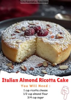 there is a cake that has been cut in half on a plate with the words italian almond ricotta cake you will need 1 cupcakes