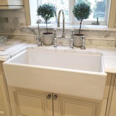 a white kitchen sink sitting under a window next to a potted plant on top of a counter