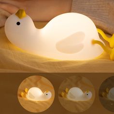 a light that looks like a chicken laying on top of a bed with four different images around it