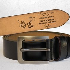 Celebrate the special men in your life with our I F-king Love You - Personalized Engraved Leather Belt. This custom belt is more than just an anniversary gift for your 5th anniversary, 10th anniversary, 25th anniversary, 50th anniversary, or a funny groom gift; it's a heartfelt gesture that adds a personal touch to every outfit. This sexy belt will also be a lovely engagement gift for your loved husband-to-be. Crafted from genuine leather, this engraved belt makes for a timeless and durable piec Black Leather Belt Buckles As Gift, Formal Leather Belt With Engraved Logo, Custom Leather Belts With Name, Engraved Leather Belts As Gifts, Custom Brown Engraved Belts, Black Leather Belts With Engraved Logo, Personalized Leather Bracelets For Anniversary, Black Leather Belt With Engraved Logo, Picture Frame Light