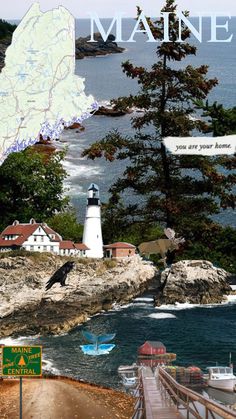 an image of the maine coast with a map and lighthouse in the foreground that reads maine