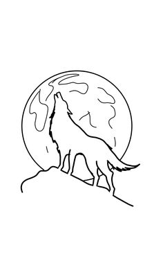 a black and white drawing of a wolf standing in front of the moon