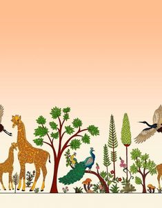 birds, giraffes, and other animals in a forest with peach sky