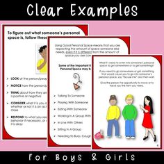 three posters with the words clear examples for boys and girls