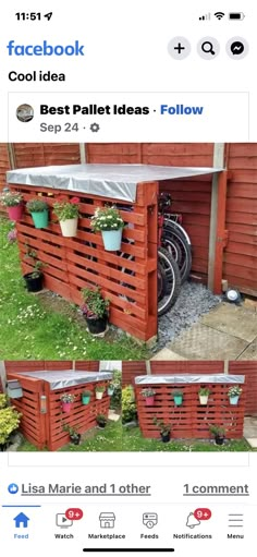 an instagram page with two pictures of pots and flowers on the side of a building