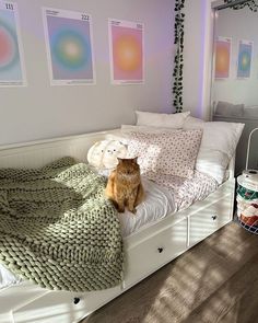 an orange cat sitting on top of a bed in a room with white walls and wooden floors