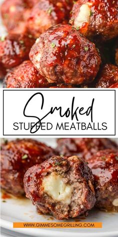 meatballs stuffed with cheese and marinara sauce are on a white plate next to the words, smoked stuffed meatballs