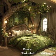 a bedroom decorated in green and white with fairy lights