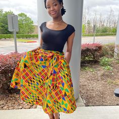 African Clothing For Women Ankara Kente Print Handmade Skirts Model Is Wearing Size 8 Made With Polycotton Fabrics Contact Me For Any Questions About The Skirts Multicolor Relaxed Flared Wrap Skirt, Casual Multicolor Lined Wrap Skirt, African Skirts For Women, Kente Skirt, African Dress Patterns, Black Straight Skirt, Long Leather Skirt, Kente Print, Black Leather Pencil Skirt