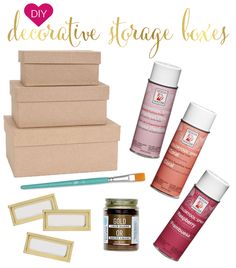 decorative storage boxes with paint, glue and other crafting supplies on top of it