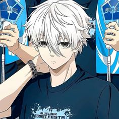 an anime character with white hair holding up two cell phones in front of his face