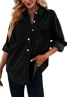 PRICES MAY VARY. Materials: This oversized jean shirts are made of lightweight and comfortable cotton and polyester, a classic denim shirt is a must-have for you. Can also be used as a swimsuit cover-up or sun protection clothing. Features: Long sleeve denim shirts for women, the jean tops is design with button down, lapel collar, functional pockets, relaxed fit style and rolled up design, provide you all day comfort while looking stylish. Occasions: Great season transition denim outerwear, suit Denim Shirts For Women, Denim Shirt Outfit Women, Black Denim Shirt, Denim Shirt Outfit, Oversized Jean Jacket, Jean Shirt, Womens Denim Shirt, Long Sleeve Denim Shirt, Denim Shirts