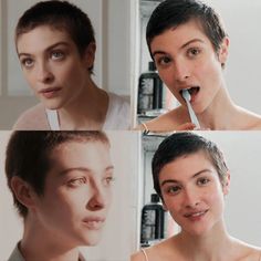 four different pictures of a woman brushing her teeth