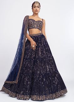 Navy Blue Dotted Corset Lehenga Set Vvani by Vani Vats - Fabilicious Fashion Dark Blue Lengha, Corset Lehenga, Dark Blue Lehenga, Navy Blue Corset, Vani Vats, Velvet Dupatta, Full Sleeve Blouse, Lehenga Fabric, Corset Blouse