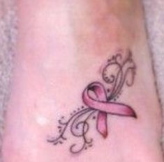 a pink ribbon tattoo on the foot with music notes and treble clefs