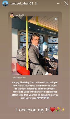 a man sitting on a train with his luggage in front of him and the caption that says, happy birthday tansui i need words won't