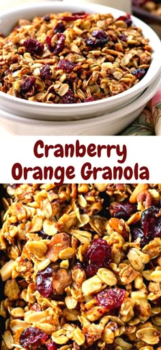 cranberry orange granola in a white bowl with the words, cranberry orange granola