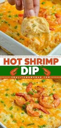 a person dipping shrimp into a casserole dish