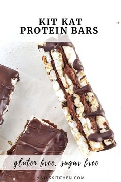 two pieces of chocolate and marshmallow protein bar with text overlay that reads kitkatt protein bars gluten free sugar free