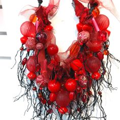 Vintage Pink And Red Resin And Glass Beads On Linen Cord. Can Tie Cord To Any Length. A Statement Piece. Cherry Blossom Necklace, Bow Choker, Boho Statement Necklace, Cherry Flower, Dichroic Glass Pendant, Wing Necklace, Gold Statement Necklace, Amethyst Color, Emerald Pendant