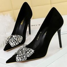 High-quality Rhinestone Bowknot High Heels Closed Toe Wedges, High Heels For Women, Party Pumps, High Heel Slippers, Prom Heels, Face Aesthetic, Suede High Heels, Heels For Women, Rhinestone Bow