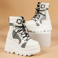 White/Black Buckle Decor Wedge Boots Lace-Up Front Boots Side Zipper Upper Material: Pu Leather Lining Material: Fabric Insole Material: Fabric Outsole Material: Pur Casual Shoes Women Sneakers, Punk Style Outfits, Nike Boots, Cute Shoes Heels, Fancy Shoes, White Shoes Women, Boots Women Fashion, Pretty Shoes, Wedge Boots