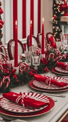 red and white christmas table setting with candy canes