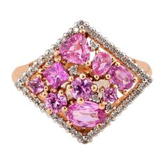 Sunita Nahata presents an exclusive collection of pink sapphire rings. With a mix of floral designs and cluster setting these pieces are accented with diamonds to present a unique array of rings. Designer pink sapphire ring in 18K rose gold with diamonds. Pink Sapphire: 1.96 carat, various shapes and sizes, 9 pieces. Diamonds: 0.237 carat, G colour, VS clarity. Gold: 6.12g, 18K rose gold. Ring Size: US 6.75 - Ring size can be adjusted for free upon request - please reconfirm with your order. R44 Sapphire Rings, Pink Sapphire Ring, Pink Bling, Naha, Rose Gold Diamonds, Cluster Ring, Floral Designs, Bridal Rings, Pink Sapphire