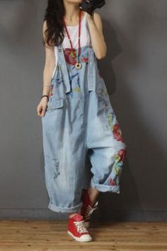 #overalls #prints #jumpsuits #jeans Filipino Fashion Street Styles, Baggy Overalls Outfit, One Piece Jeans, Oversized Overalls, Ripped Overalls, Jumpsuits Jeans, Fashion Overalls, Sleeveless One Piece, Loose Sweater Dress