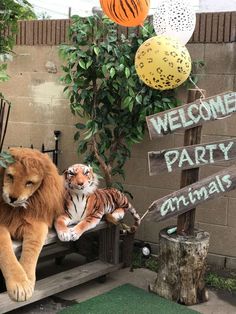 two stuffed animals sitting on a bench in front of a welcome party sign with balloons