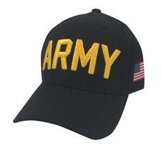 an army hat with the word'army'written in gold thread on black cotton twil