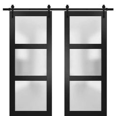 two black doors with frosted glass on the front and side panels, both open