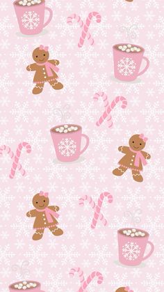 a pink christmas wallpaper with gingerbreads, hot chocolate and candy canes