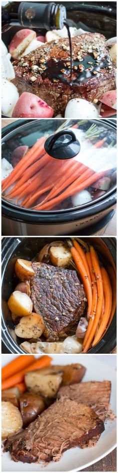 there are two pictures of food being cooked on the grill and in the slow cooker