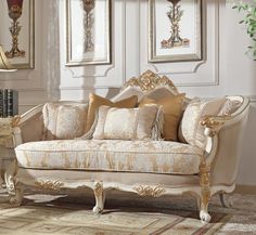 an ornately decorated couch in a living room