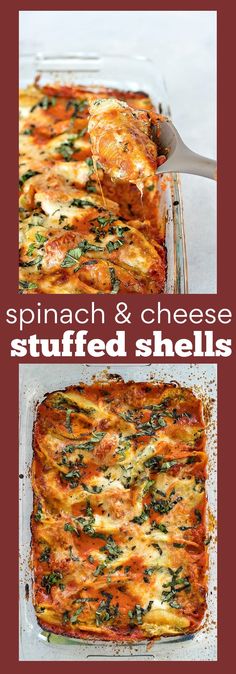 spinach and cheese stuffed shells in a casserole dish with text overlay