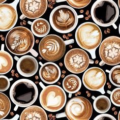 many cups of coffee with different designs on them