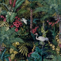 an image of a painting of birds in the jungle with flowers and plants around it