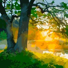 the sun shines brightly through the trees in this digital art painting style photo by person