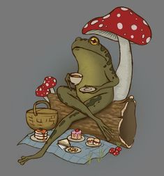 An illustration of a frog sitting and drinking tea Frog Tea Party Drawing, Fancy Frog Drawing, Cute Frogs Art, Frog Art Aesthetic, Frog Drinking Tea, Tea Drawing, Cute Froggy