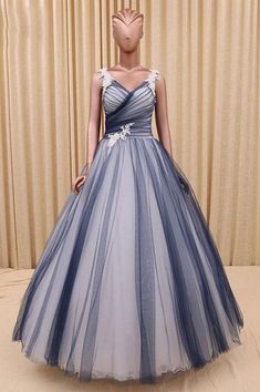 Ball Gown V Neck Dark Blue Tulle Prom with Applique Puffy Long Quinceanera Dress - Prom Dresses Pink Formal Gown, Blue Tulle Prom Dress, Dress With Applique, Green Evening Gowns, Satin Ball Gown, Handmade Wedding Dresses, Princess Ball Gowns, Quinceanera Dress, Blue Tulle