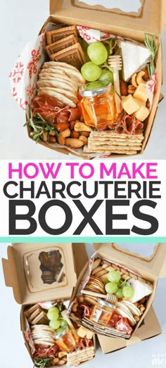 an open box filled with different types of food and the words diy mini charcuterie boxes