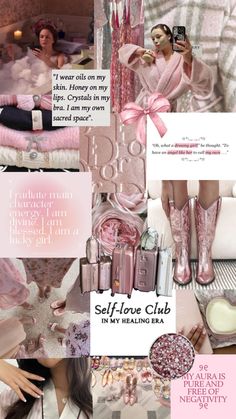 a collage of photos with pink and white items