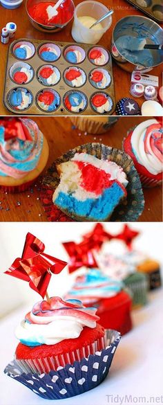 red, white and blue cupcakes are sitting on the table with other decorations