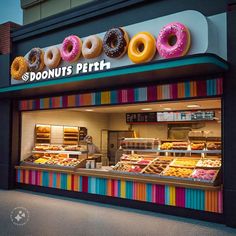 a doughnut shop with many different types of donuts