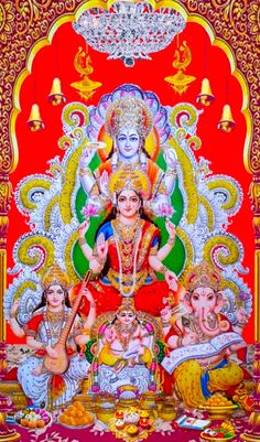 the hindu god sitting in front of three other deities on a red and yellow background