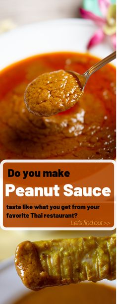 a spoon full of peanut sauce on top of a white plate with the words do you make peanut sauce?