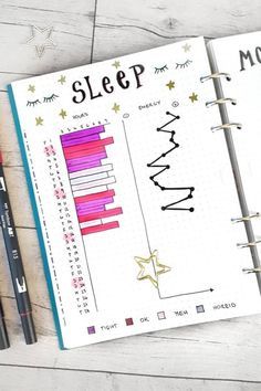 a notebook with some writing on it next to two markers and a pen that says sleep more